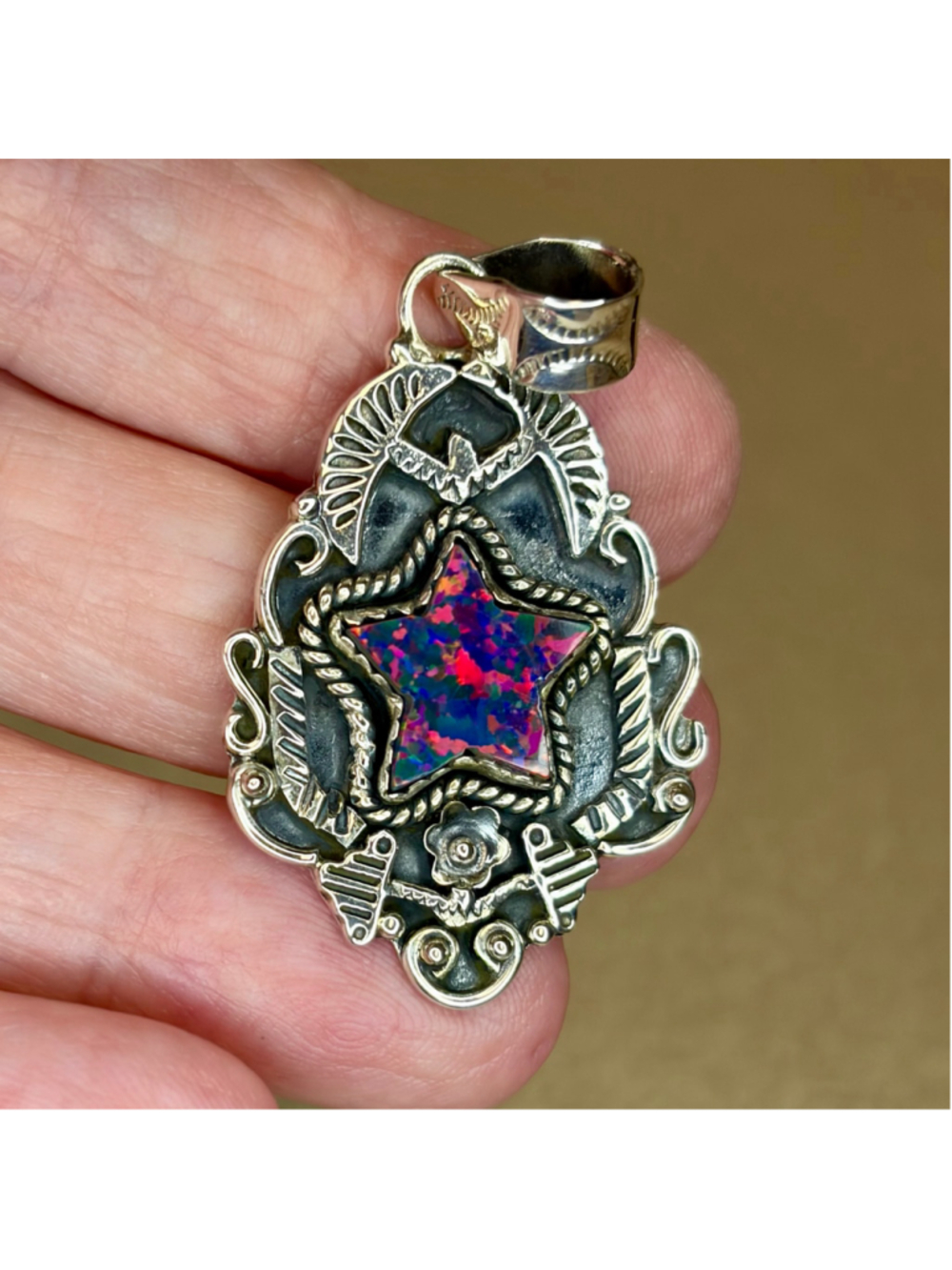 925 Sterling Silver Black Opal Star Pendant